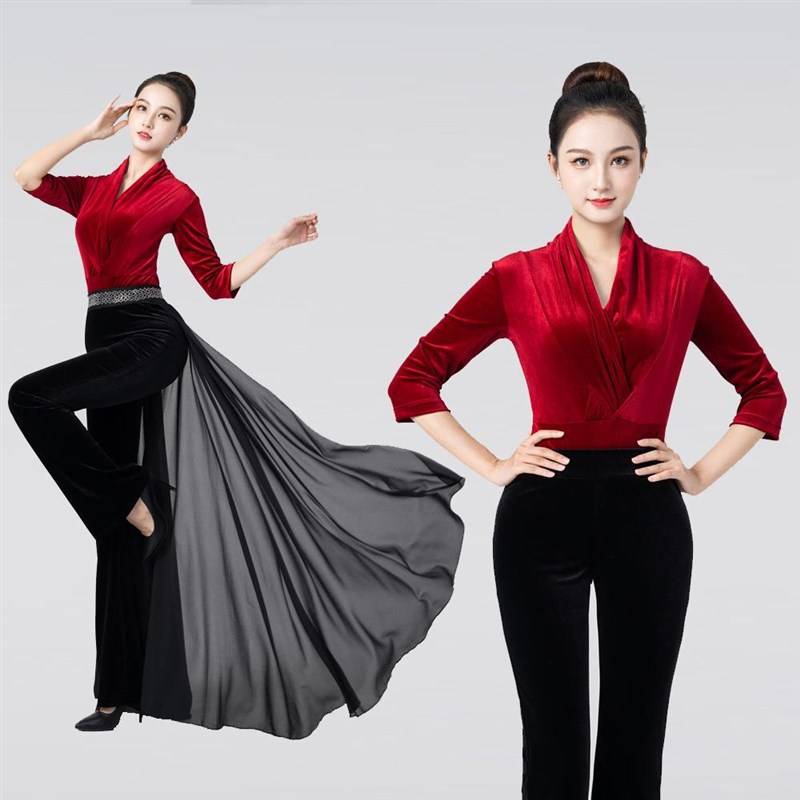 Wine, red, long sleeves, black waist, crotch